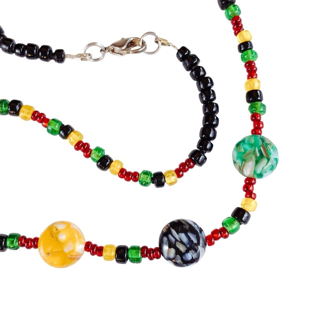 VTG 90s Mosaic Glass Beaded Necklace Red Yellow Green Afrocentric Boho Style